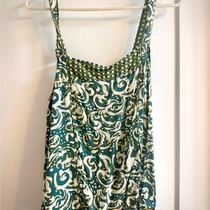 Anthropologie Green and White Smocked Camisole Top
